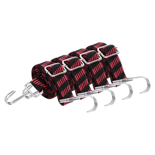 Image of uxcell 4Pcs Adjustable Bungee Cords with Hooks, 39 Inch Flat Heavy Duty Elasticity Straps Rubber Bungee Cords with Buckle for Outdoor, Camping, Tarp, Bike Rack, Luggage, Black Red