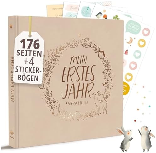 Rabano Mein Erstes Jahr Babyalbum | Hochwertiges Fotoalbum Baby Geschenk | Hochwertiges Fotoalbum Baby mit Goldprägung I 176 Seiten Baby Erinnerungsbuch I Geschenk zur Geburt für J