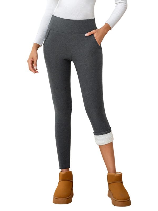 CrystErzoix Thermo Leggings Damen Gefüttert Thermoleggings Winter Warme Leggings High Waist Fleece Thermohose Sportleggins Yogahose Lang mit Taschen, Meliertes Grau L