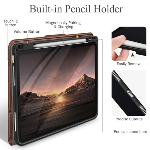 Image of auaua Case for iPad Air 13 inch M4 /M3 /M2, Brown | PU Leather, Front Pocket, Built-in Pencil Holder, Typing Angle, Adjustable Stand, Magnetic Closure, Auto Sleep /Wake