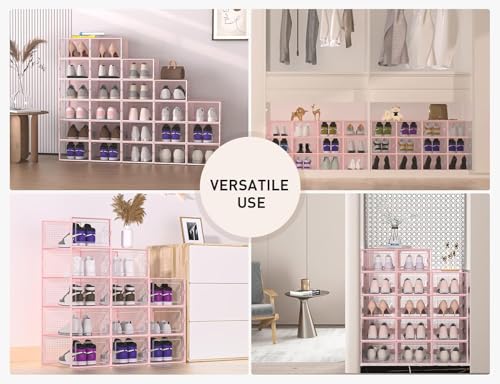 Image of Kuject X-Large Shoe Storage Boxes Organizers Clear Plastic Stackable 12 Pack, Shoe Rack & Holder Substitute, Sneaker Containers, Toy Storage Organizer Bins for Entryway, Closet, Under Bed, Pink