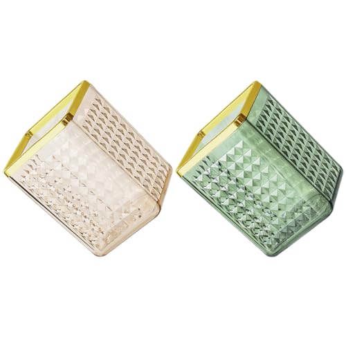 ABOOFAN Organisateur de Maquillage 2 Pièces en Plastique Transparent Vert et Doré Porte-Pinceaux de Maquillage Pot à Crayons Multifonction pour Bureau et Coiffeuse Rangement Cosmétique