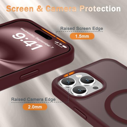 Image of YENAPOON for iPhone 14 Pro Max Case, Matte Magnetic Phone Cover [with 1 Screen Protector] [Support for MagSafe] [Shockproof Military Grade Protection] Translucent Frosted Back, Wine Red