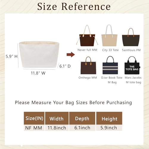 Ultra-light Tote Bag Organizer Insert Compatible with lv Never full mm,C.oach City 33,G.oyard PM and More, Water-proof Dupontpaper Purse Organizer Insert,Handbag Inner for Luxury Bags(NFMM)