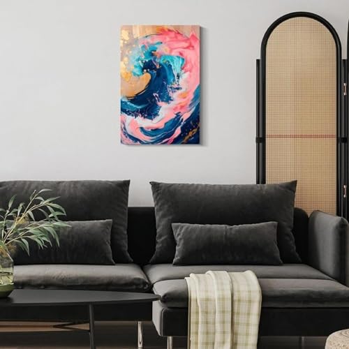 Tableau vague abstraite bleu rose 60x90cm encadré