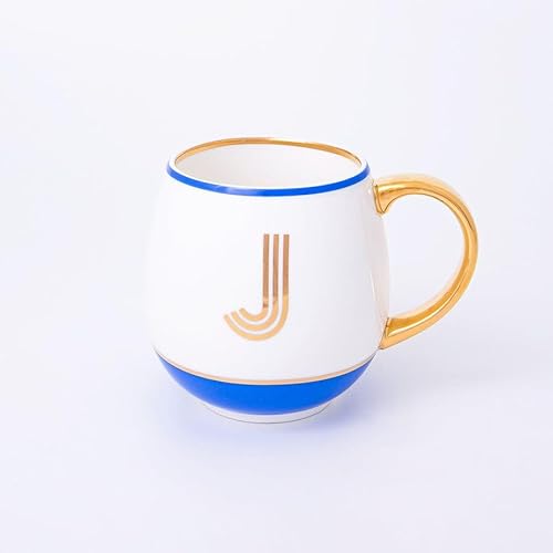 Bombay Duck Library Monogram Fine Bone China Mug, White & Blue with Pink & Gold Details, 450ml, Striped Gift Box, Hand Wash Only, Letter J