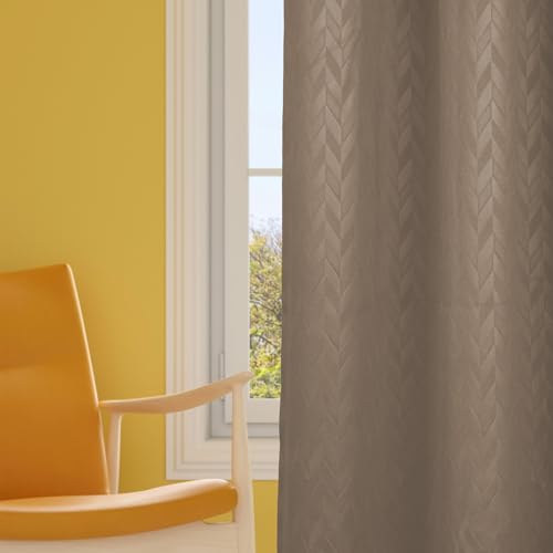 Image of LINENWALAS 100% True Blackout Curtains 6 Feet Long - Set of 2 Panels, Herringbone Embossed Design Complete Light Block Thermal Insulated & Noise Reducing Room Darkening Curtains (Light Brown)