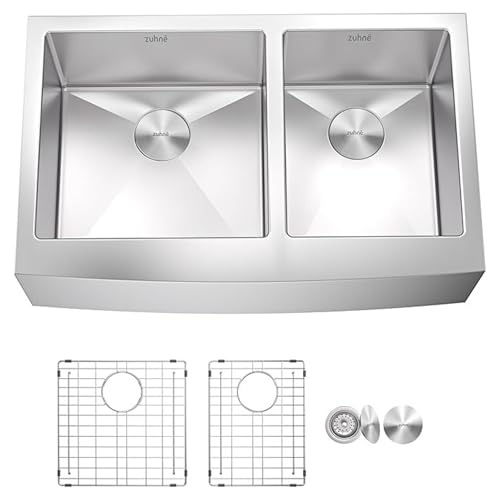 Zuhnë Turin 33 Farmhouse Kitchen Sink, 16 Gauge T304 Stainless Steel, Satin Finish, DualPro Sound Guard, Double Bowl 32.9 x 20.8 x 10 in, Curved Corners, Sloped Bottom