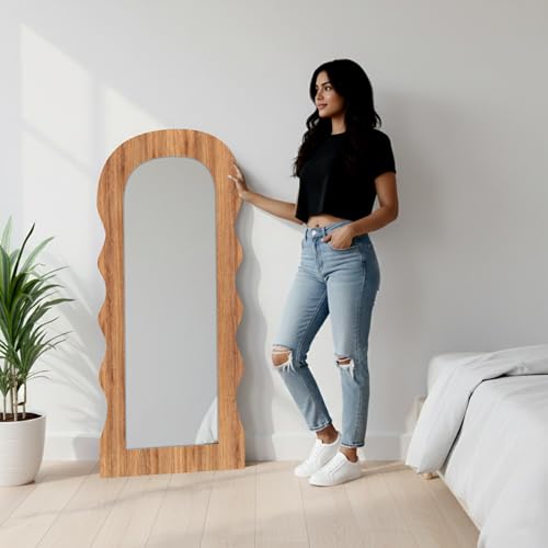 Image of Creative Arts n Frames 18x42 inch Long Wooden Irregular Curve Zigzag Shape Wall Hanging Wall Mount Full Length HD Mirror Home Decor Items (Natural Iqurel Oak Zigzag 4)