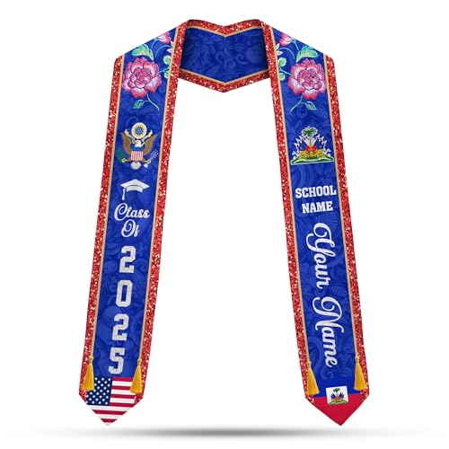MonkeyVan Custom Haitian Graduation Sash 2025,Personalized Haiti Flag Graduation Stole,Haitians American Flag Graduation Sash S38