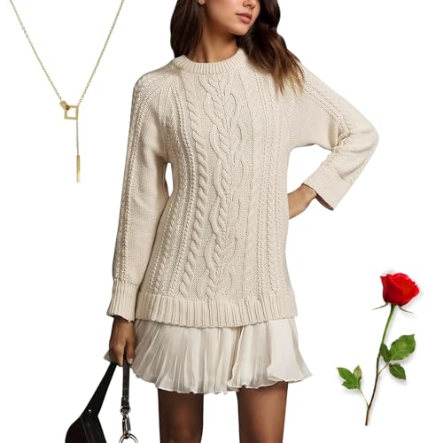 Women Crewneck Cable Knit Sweater Mini Dress, 2026 New Sweater Dress with Pleated Skirt, Twofer Dress for Women