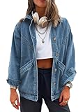 MJFCS YAENH Women's Casual Oversized Button Up Denim Jackets Shacket Long Sleeve Pockets Denim Jean Jacket, Blue, Medium