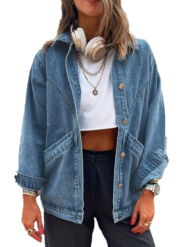 MJFCS YAENH Women's Casual Oversized Button Up Denim Jackets Shacket Long Sleeve Pockets Denim Jean Jacket with Huge Pockets(Blue,L)