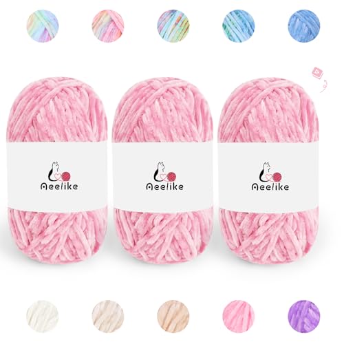 Image of Aeelike 3 Pack Chenille Yarn,Soft Polyester,Each 100g /10.5oz 197yds,Pink | 4 Medium Velvet Yarn,Easy for Beginners Crocheting Animal,with How to See Stitchs Tutorial Video,Ideal Crochet Craft Gift