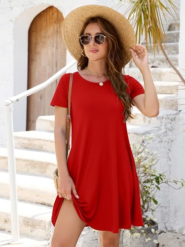 Image of Heymoments Women's Short Sleeve Crewneck Sundress Summer Casual A-Line Beach Dress with Pockets S-2XL