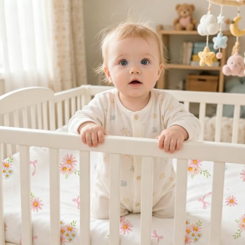 Image of Plushii 4PK Girls Crib Sheets, Microfiber Mattress Cover, Sweet Daisy | Fits standard crib & toddler beds (52x28 inch). Soft, breathable cover with plane patterns for boys and girls.