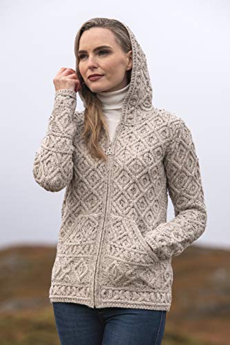 Aran Crafts Women's Soft Cable Knit Honeycomb Hood Cardigan (100% Merino Wool)2