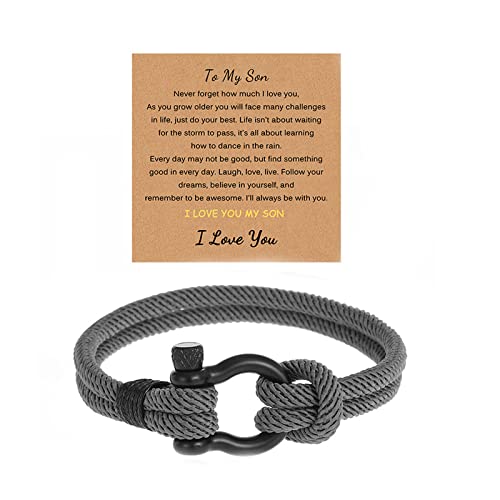 To My Son Stainless Steel Horseshoe Buckle Bracelet Adjustable Braided Rope Woven Nautical Bangle Wristband for Men Boy Teen Handmade Inspirational Graduation Jewelry Birthday Gift-F gray
