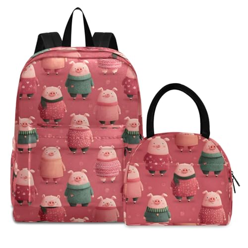 Cartoon Pigs Print Backpack Set with Lunch Bag, Large Capacity Travel Backpacks and Lunch Box Insulated for Commute Hiking Picnic