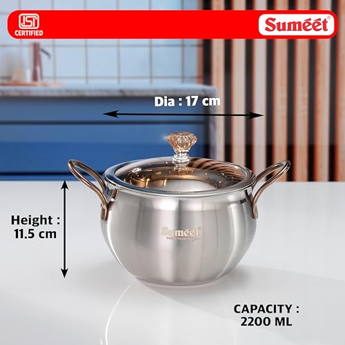 Image of Smeet ISI Certified Stainless Steel Cook & Serve Biryani Pot /Handi /Sauce Pot with Glass Lid |Induction and Gas Compatible | Capacity - 2200ml -Dia - 17cm, Silver