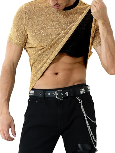 Mauro Kane T Shirt Paillette Homme Sequin Disco Tee Shirt Paillettes Sexy Haut Scintillant pour Danse Clubwear Festival Gold L