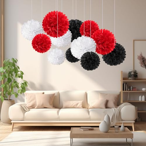 Image of 18 PCS Tissue Paper Pom Poms, Tissue Paper Flowers, Sizes of 6 inch, 10 inch, 12 inch, 14 inch Bachelorette Paper Flower Party Decor for Wedding, Birthday, Fiesta Stranger, Baby Showers (Black Red White)