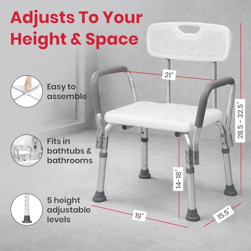 Image of Antara AGEasy (Max Group) Safesit Shower Chair for Seniors | Adjustable Bath Stool with Padded Armrests & Back | Shower Chair with Removable Back & Height Adjustable Legs for Bathroom, Bathtub