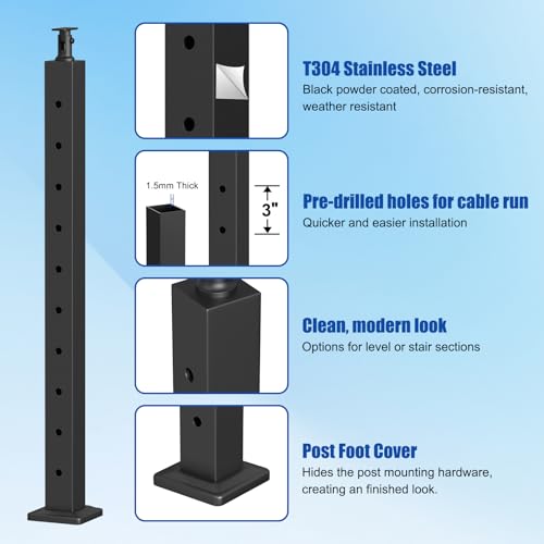Image of BLIKA 42 inch Level Drilled Cable Railing Post(Post 41 inchx2 inchx2 inch), Stainless Steel Adjustable Line Post, Metal Deck Railing Posts, Top Mount Matte Black Cable Handrail Posts for Cable Railing Kits, BL01-LP