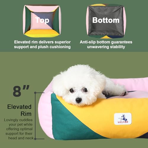 Image of Cotton Canvas Dog Bed, Pink Dog Beds for Small Dogs, Puppy Bed with Washable Removable Cover, Durable 290 GSM Cotton Anti-Chewing Pet Bed with Anti-Slip Bottom (24 inchx20 inchx8 inch, Pink&Yellow&Green)