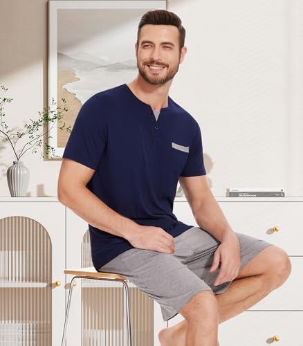 Image of NACHILA Men's Bamboo Viscose Pajamas Set Raglan Short Sleeve Shorts Pjs