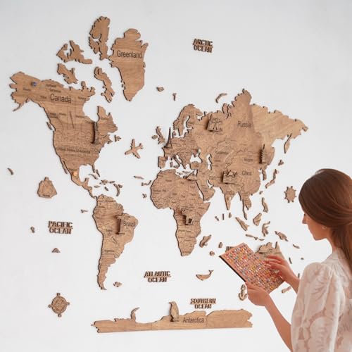 CreatifWood Mapa de Madera 2D para Pared – Mapamundi Decorativo | Planisferio de Pared | Decoración para Salón, Oficina o Dormitorio | Regalo para Viajeros (Dark, 150L x 105l cm)