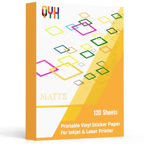 QYH Premium Matte Printable Vinyl Sticker Paper, 120 Sheets White Bulk