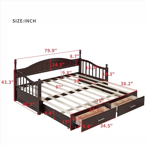 Image of Merax Modern Wood Daybed with Pop Up Trundle Twin to King Extendable Sofa Bed Frame for Kids Teens Adults /No Box Spring Needed Espresso