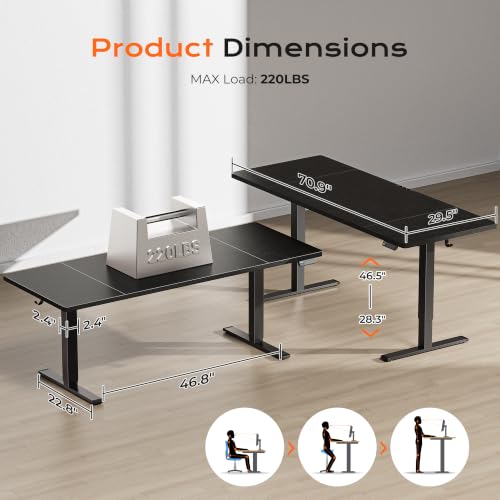 Image of Huuger 71 x 30 Large Electric Standing Desk, Height Adjustable Computer Desk, 29.5 inch Deep Desktop, Stand up Gaming Office Table with 2 Hooks, 3 Preset Heights, for Home Office, Black