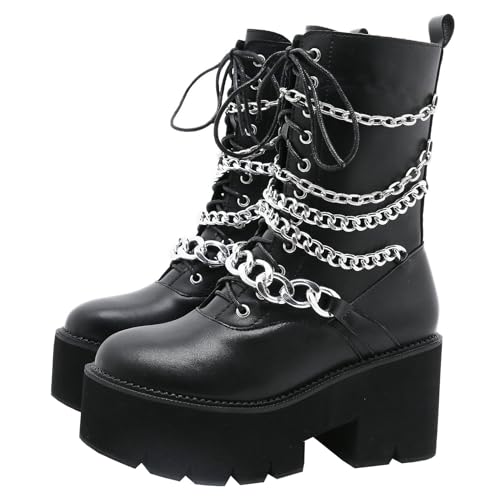 Image of Parisuit Womens Goth Patent Ankle Boots Platform Chunky Combat Boots | Lace Up, Gothic Boots, High Heel, Punk Short Booties, Buckle Boots, Chain Boots