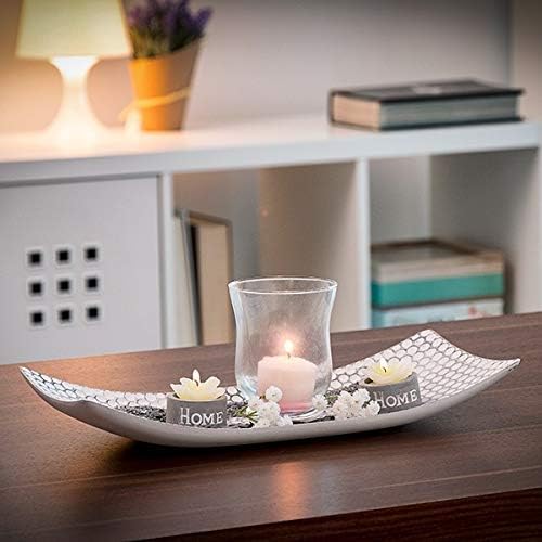 White/grey wooden plate, ca. 38 x 16 cm, windlight ca. 11 x 9 cm with candle, 2 flower tealights, decostones - Image 5