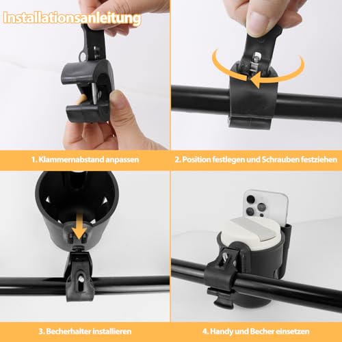 Filltown Getränkehalter Kinderwagen mit Handyhalter, 360° Universeller Getränkehalter Cup Holder für Fahrrad, Becherhalter Kaffeehalter für Baby-Kinderwagen, Buggy, Fahrrad, Rollstuhl, Gehhilfe
