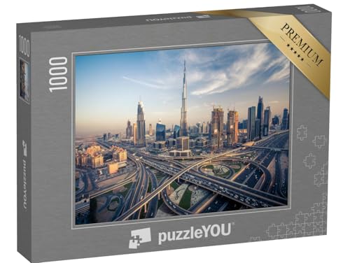 puzzleYOU: Puzzle 1000 Teile „Skyline von Dubai mit den verkehrsreichsten Schnellstraßen“ – aus der Puzzle-Kollektion Dubai, Brücken, Skylines, Burj Khalifa, Aus Aller Welt, Städte Weltweit