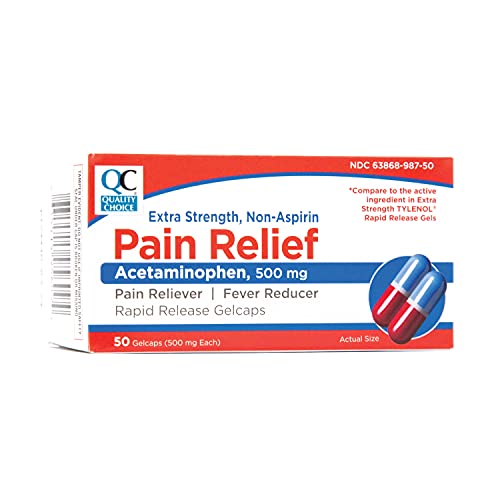 Quality Choice, Extra Strength, Non Aspirin Pain Relief, Acetaminophen 500 Mg, Pain Reliever & Fever Reducer, Rapid Release Gelcaps, 50 Count Package #TOP1