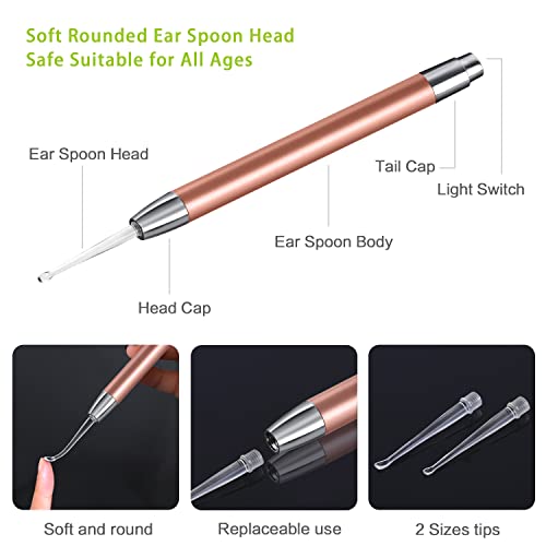 4 Pack Ear Pick With Light, Ear Cleaner Ear Wax Removal Tool Kit For Kids And Adults, Ear Picks Digger & Tweezers & Spiral Spring Ear Spoon Set With Storage Box (Rose Gold) #TOP3