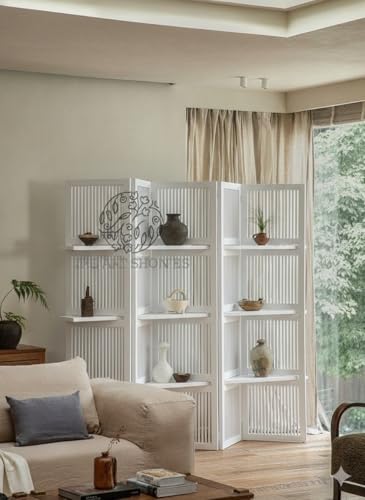 Image of Wooden Partition Divider for Living Room, Partition Wall, Privacy Divider, Freestanding Folding Panels for (6 Feet 5 Panel with 3 Shelve) (6 Feet 5 Panel White with 3 She;lves)