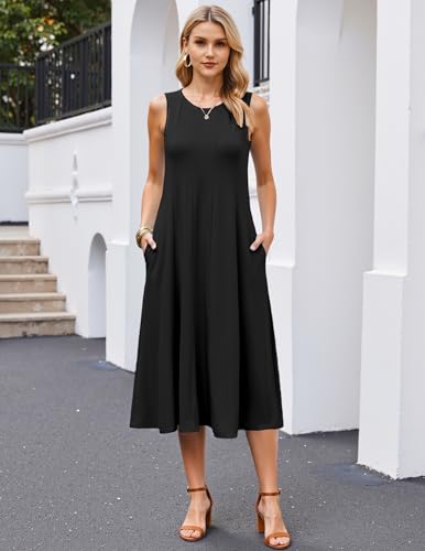 HOTOUCH Summer Casual Dresses for Women Sleeveless Midi Dress Swing Tank Sundress Pleated Tshirt Dress with Pockets3