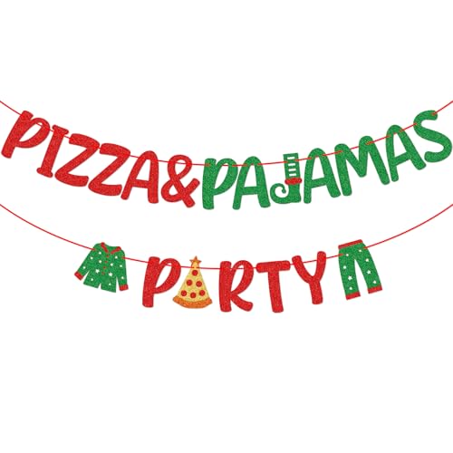 Christmas Pizza ＆ Pajamas Banner - Winter Holiday Slumber Party Decorations -...