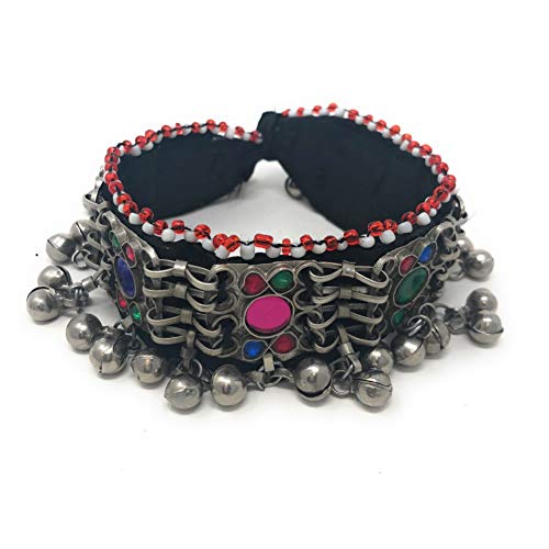 Afghani Tribal Turkman Embroidered Fabric Anklet with Loud Bells Lapis Lazuli Seed Beads Pearl