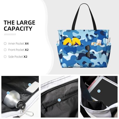 Large Beach Bags for Women Sandproof - Blue Sky Camo Print Summer Travel Work Tote Bags with Zipper3