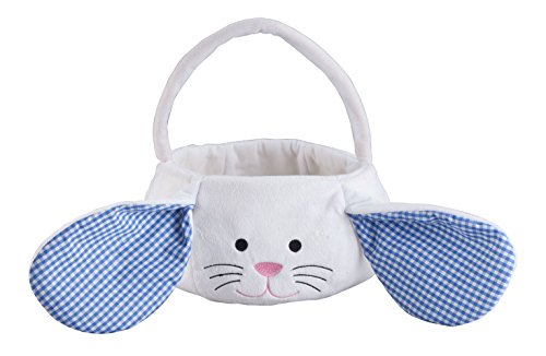 Kids Easter Basket, Plush White Bunny with Floppy Gingham Ears