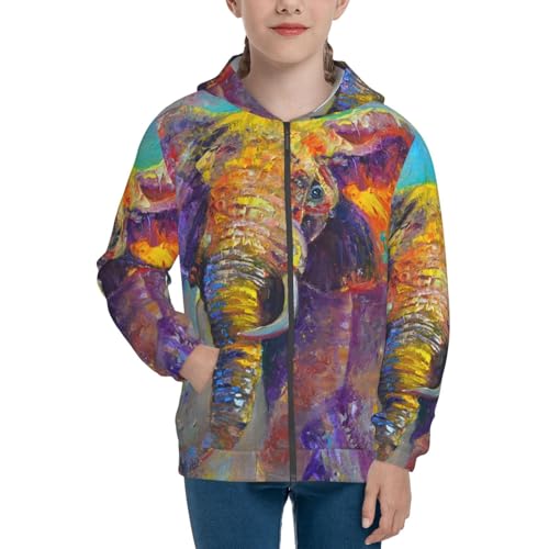 Oil Painting Elephant 1 Kids Pullover Hoodies Boys Zip Up Sweatshirts Girls Athletic Clothes with Pocket3