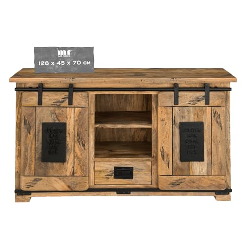MR. DEKO TV Kommode Florenz Mango Holz | Vintage Sideboard mit Schubladen & Schiebetür | Industrial Design Schubladenschrank massiv | Wohnzimmer Flur Highboard | Kommodenschrank Echtholz 128x45x70cm