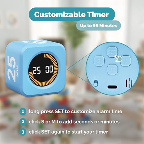 Image of KADAMS Pomodoro Cube Timer Productivity Visual Timer - 5 /10 /25 /50 Min Rotating Countdown (1, Blue)