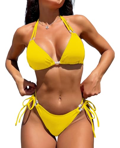 JFAN Conjuntos de Bikini Mujer Push-up Traje de Baño 2 Piezas Halter Triángulo Bikini Sexy Bikinis Brasileño y Tanga Cintura Baja Bañadores de Playa Verano,Amarillo,S